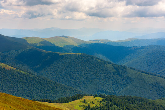 beautiful nature scenery in mountains. landscape of borzhava ridge on a sunny day. forested hills. and grassy meadows in dappled light. clouds on the sky above the horizon