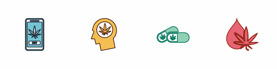 Set Online buying marijuana, Head profile with, Medical pills and Marijuana or cannabis leaf oil icon. Vector