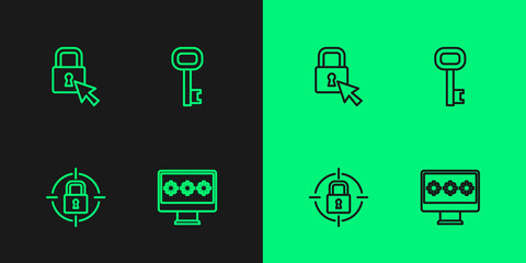 Set line Monitor with password, Lock, and Old key icon. Vector