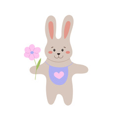 Cute bunny with flower vector illustration. Cartoon little rabbit.