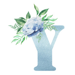 Floral alphabet watercolor blue color letter Y with flowers bouquet composition and greenery