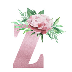 Floral alphabet watercolor pink color letter Z with flowers bouquet composition and greenery
