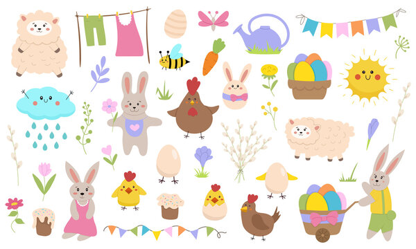 Big set of cute illustrations for Easter. Easter Bunny, eggs. Cute animals and flowers.