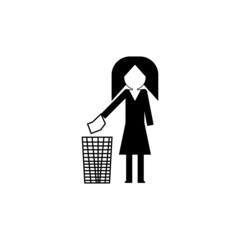 Woman throwing paper into trash can sign illustration