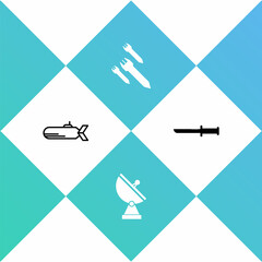 Set Submarine, Radar, Rocket and Military knife icon. Vector