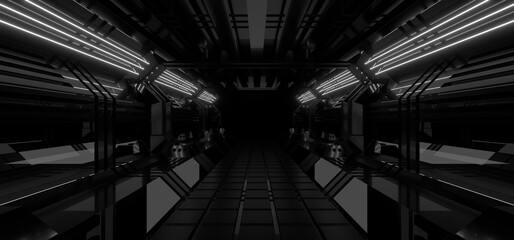 A dark tunnel lit by white neon lights. Reflections on the floor and walls. 3d rendering image.