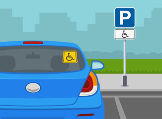Traffic or road rules. Disabled parking area sign. Back view of a blue sedan car with handicap access sticket on rear window. Flat vector illustration template.