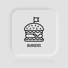Burger thin line icon. Fast food. Modern vector illustration of hamburger for logo.