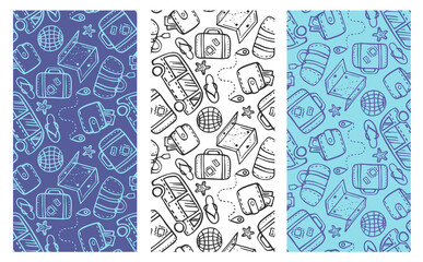 set seamless pattern of illustration with doodles on the theme of time for travel. Colorful background on the theme of adventure and travel, wandering