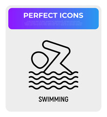 Swimming sign: man in water thin line icon. Sport activity. Vector illustration.