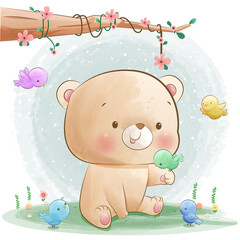 Cute baby Bears playing with birds illustration