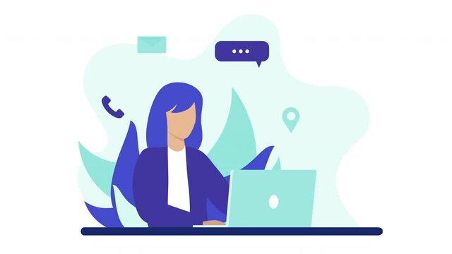 Woman sitting at desk and working on laptop on abstrak background. Multitasking, productivity and customer consultation concept. 2d animation 4K