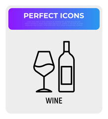 Bottle of wine and wineglass thin line icon. Modern vector illustration.