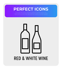 Bottles with red and white wine thin line icon. Modern vector illustration.