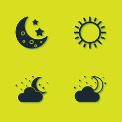 Set Moon and stars, Cloud with moon, and Sun icon. Vector