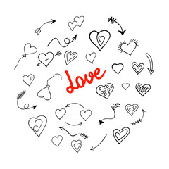 Hearts and arrows set for Valentine's Day. Festive holiday decoration, symbols of romantic relationship and feelings. Elements for postcards, banners, posters. Love design. Isolated. Vector