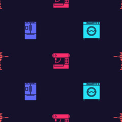 Set Washer, Refrigerator, Sewing machine and Construction jackhammer on seamless pattern. Vector