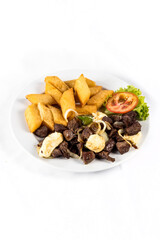 Colorful Food Appetizer Starts Snacks Fresh Delicious Menu Recipe Meal Meat Chicken Fries Fish Seafood Beer on a wooden table