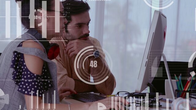 Conceptual vision of business people in corporate staff meeting . Concept of digital technology for marketing data analysis and investment decision making . - Powered by Adobe