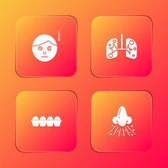 Set High human body temperature, Lungs, Chicken egg in box and Runny nose icon. Vector
