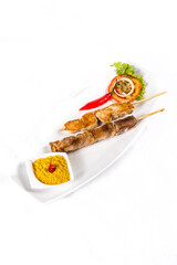 Colorful Food Appetizer Starts Snacks Fresh Delicious Menu Recipe Meal Meat Chicken Fries Fish Seafood Beer on a wooden table