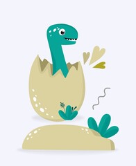 Funny cute dinosaur in an orange egg on a light background. For textiles, packaging paper, posters, backgrounds, decoration of childrens parties. Vector illustration