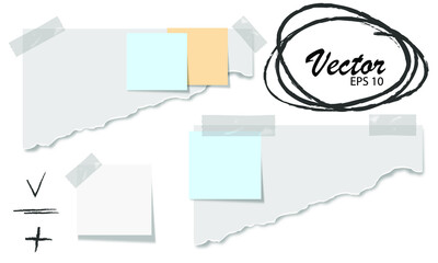 Note paper with adhesive tape and tack. Blank sheet, sticky note, torn piece of paper and notebook page. Templates for a note message. Vector illustration.