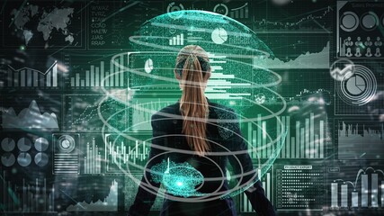 Big Data Technology for Business Finance Analytic conceptual . Modern graphic interface shows massive information of business sale report, profit chart and stock market trends analysis .