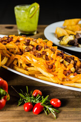 Colorful Food Appetizer Starts Snacks Fresh Delicious Menu Recipe Meal Meat Chicken Fries Fish Seafood Beer on a wooden table