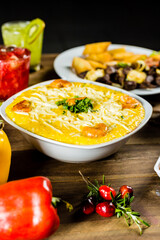 Colorful Food Appetizer Starts Snacks Fresh Delicious Menu Recipe Meal Meat Chicken Fries Fish Seafood Beer on a wooden table