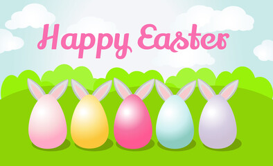 Easter card. On a green field are decorated eggs with protruding ears. The picture shows a beautiful spring day with bright grass and a numbing sky. Vector illustration for easter cards.
