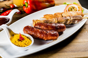 Colorful Food Appetizer Starts Snacks Fresh Delicious Menu Recipe Meal Meat Chicken Fries Fish Seafood Beer on a wooden table