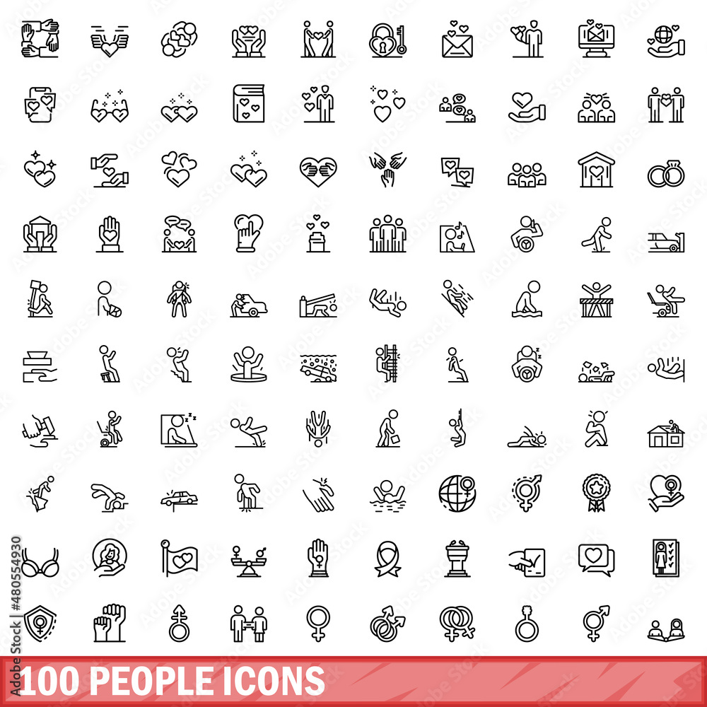 Poster 100 people icons set, outline style - Posters