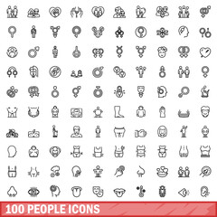 100 people icons set, outline style