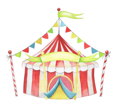 Watercolor illustration, hand-drawn, circus tent. Children's clip art, in cartoon style, on an isolated background.