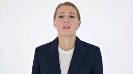 Disappointed Young Businesswoman Reacting Loss on White Background