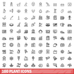 100 plant icons set, outline style