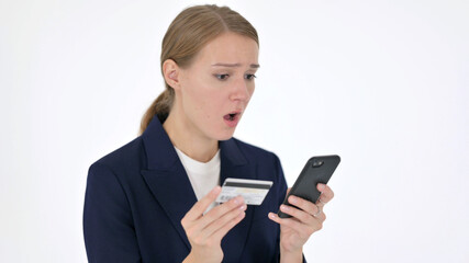 Online Shopping Failure on Smartphone by Businesswoman on White Background