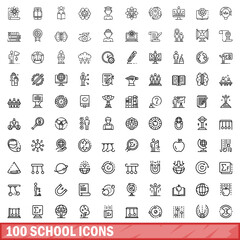 100 school icons set, outline style