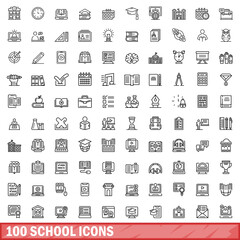 100 school icons set, outline style