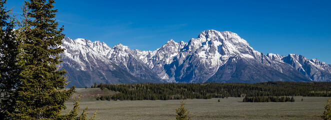 Grand Teton National Park, Wyoming, USA, with blue sky near the Snake River in Jackson Hole