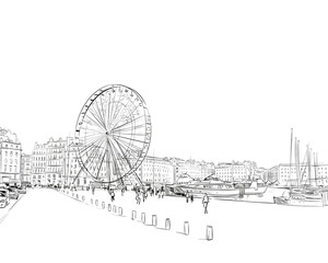 France. Marseille. Old port. Ferris wheel. Hand drawn sketch. Vector illustration.