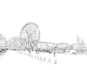 Deurstickers France. Marseille. Old port. Ferris wheel. Hand drawn sketch. Vector illustration. © romanya