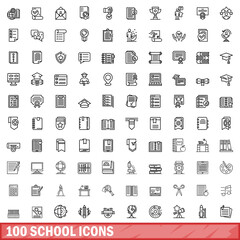 100 school icons set, outline style