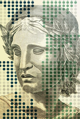 Brazil money bills, brazilian real, stock exchange image with money texture and lines indicating...