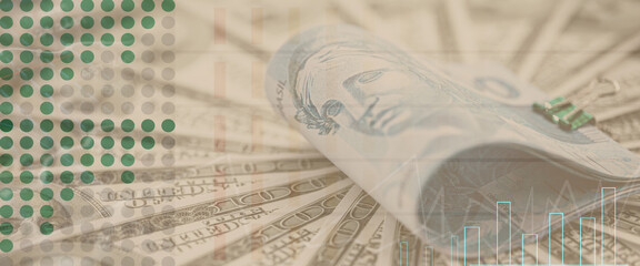 american money surrounding a hundred reais banknote from brazil, stock exchange image with money texture and lines indicating rise and fall