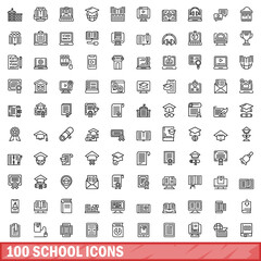 100 school icons set, outline style