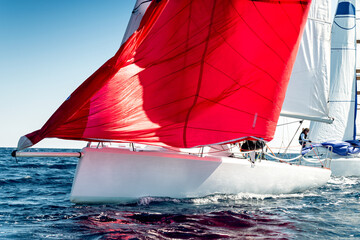Sailing racing keelboat with red gennaker