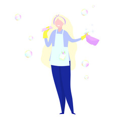 Fototapeta premium Blond woman. Beautiful cleaning lady with sponge and cleaning agent in a bottle. Vector illustration.