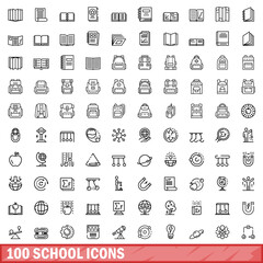 100 school icons set, outline style